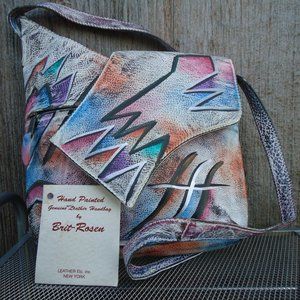 NOS Vintage Handpainted Crossbody Leather Funky Purse Brit Rosen Zip Top